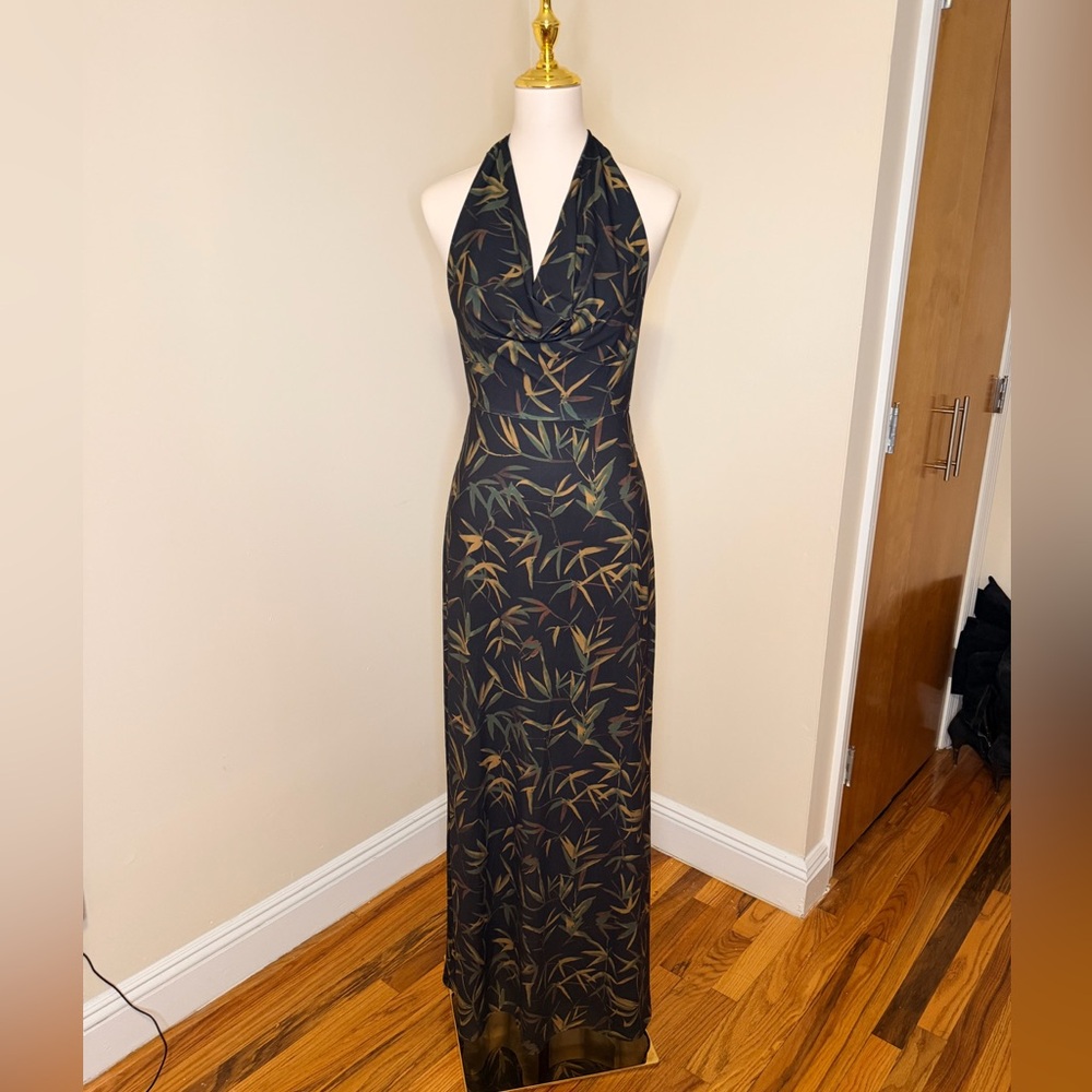 WeWoreWhat Cowl Neck Halter Maxi Dress Bamboo Botanical Print Size S